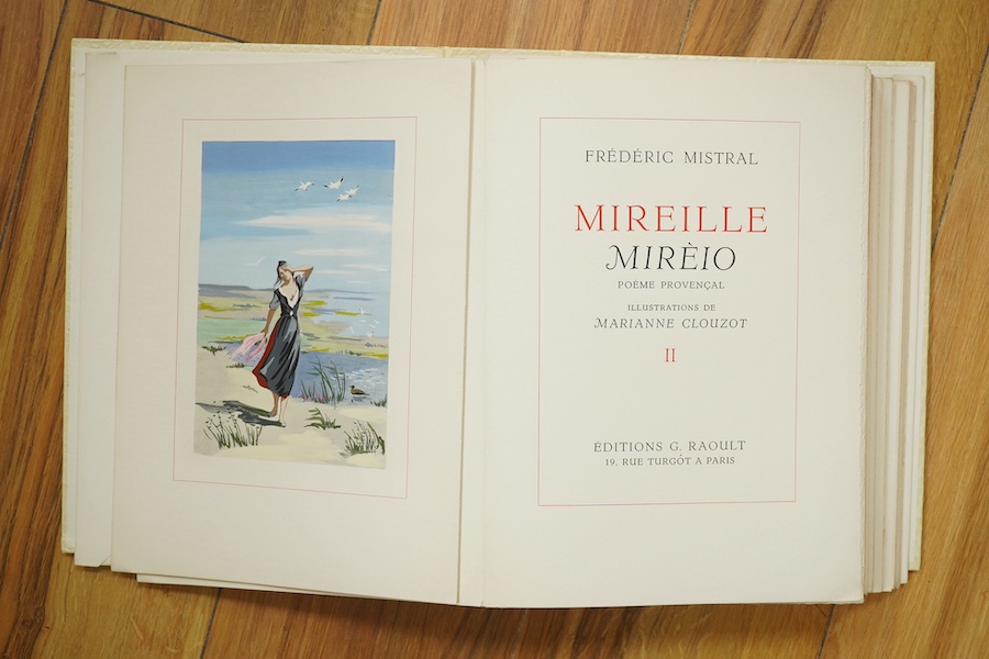 Mistral, Frédéric - Mireille Mireio: poeme provencale ... 2 vols. Limited Edition (of 724 numbered sets). num. coloured illus. (by Marianne Clouzot); the sections loose within paper covers, gilt lettered on spines, and i